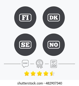 Language icons. FI, DK, SE and NO translation symbols. Finland, Denmark, Sweden and Norwegian languages. Chat, award medal and report linear icons. Star vote ranking. Vector