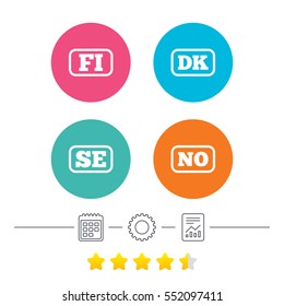 Language icons. FI, DK, SE and NO translation symbols. Finland, Denmark, Sweden and Norwegian languages. Calendar, cogwheel and report linear icons. Star vote ranking. Vector