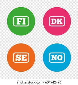 Language icons. FI, DK, SE and NO translation symbols. Finland, Denmark, Sweden and Norwegian languages. Round buttons on transparent background. Vector