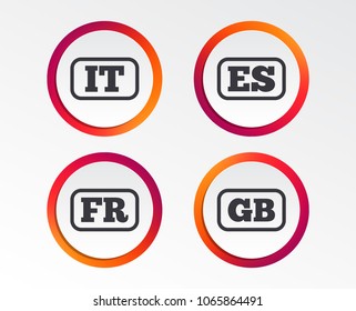 Language icons. IT, ES, FR and GB translation symbols. Italy, Spain, France and England languages. Infographic design buttons. Circle templates. Vector