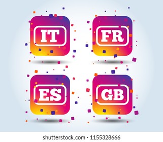 Language icons. IT, ES, FR and GB translation symbols. Italy, Spain, France and England languages. Colour gradient square buttons. Flat design concept. Vector
