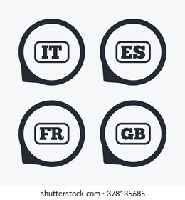 Language icons. IT, ES, FR and GB translation symbols. Italy, Spain, France and England languages. Flat icon pointers.