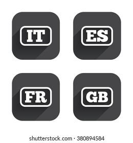 Language icons. IT, ES, FR and GB translation symbols. Italy, Spain, France and England languages. Square flat buttons with long shadow.