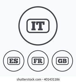 Language icons. IT, ES, FR and GB translation symbols. Italy, Spain, France and England languages. Icons in circles.