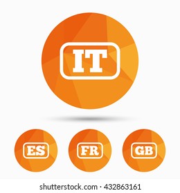 Language icons. IT, ES, FR and GB translation symbols. Italy, Spain, France and England languages. Triangular low poly buttons with shadow. Vector