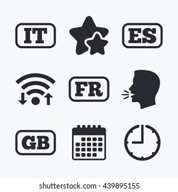 Language icons. IT, ES, FR and GB translation symbols. Italy, Spain, France and England languages. Wifi internet, favorite stars, calendar and clock. Talking head. Vector