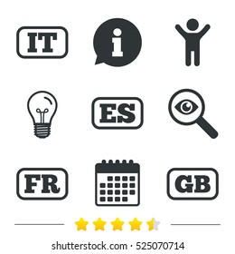 Language icons. IT, ES, FR and GB translation symbols. Italy, Spain, France and England languages. Information, light bulb and calendar icons. Investigate magnifier. Vector