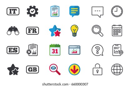 Language icons. IT, ES, FR and GB translation symbols. Italy, Spain, France and England languages. Chat, Report and Calendar signs. Stars, Statistics and Download icons. Question, Clock and Globe