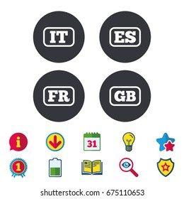 Language icons. IT, ES, FR and GB translation symbols. Italy, Spain, France and England languages. Calendar, Information and Download signs. Stars, Award and Book icons. Light bulb, Shield and Search