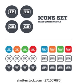 Language icons. JP, TR, GR and GB translation symbols. Japan, Turkey, Greece and England languages. Web buttons set. Circles and squares templates. Vector