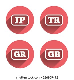 Language icons. JP, TR, GR and GB translation symbols. Japan, Turkey, Greece and England languages. Pink circles flat buttons with shadow. Vector