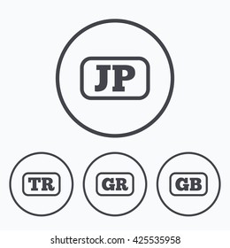 Language icons. JP, TR, GR and GB translation symbols. Japan, Turkey, Greece and England languages. Icons in circles.
