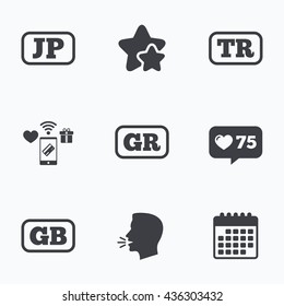 Language icons. JP, TR, GR and GB translation symbols. Japan, Turkey, Greece and England languages. Flat talking head, calendar icons. Stars, like counter icons. Vector