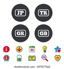 Language icons. JP, TR, GR and GB translation symbols. Japan, Turkey, Greece and England languages. Calendar, Information and Download signs. Stars, Award and Book icons. Light bulb, Shield and Search