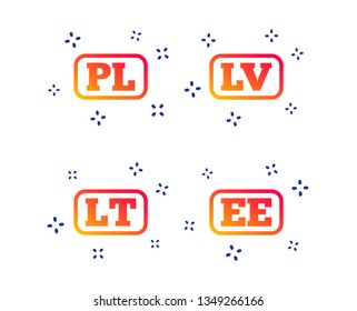 Language icons. PL, LV, LT and EE translation symbols. Poland, Latvia, Lithuania and Estonia languages. Random dynamic shapes. Gradient language icon. Vector