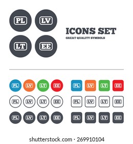 Language icons. PL, LV, LT and EE translation symbols. Poland, Latvia, Lithuania and Estonia languages. Web buttons set. Circles and squares templates. Vector