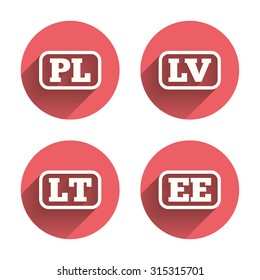 Language icons. PL, LV, LT and EE translation symbols. Poland, Latvia, Lithuania and Estonia languages. Pink circles flat buttons with shadow. Vector