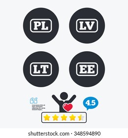 Language icons. PL, LV, LT and EE translation symbols. Poland, Latvia, Lithuania and Estonia languages. Star vote ranking. Client like and think bubble. Quotes with message.