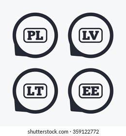 Language icons. PL, LV, LT and EE translation symbols. Poland, Latvia, Lithuania and Estonia languages. Flat icon pointers.