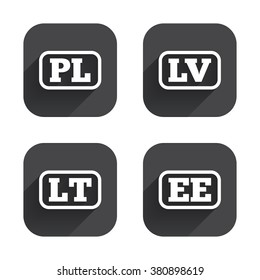 Language icons. PL, LV, LT and EE translation symbols. Poland, Latvia, Lithuania and Estonia languages. Square flat buttons with long shadow.