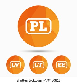 Language icons. PL, LV, LT and EE translation symbols. Poland, Latvia, Lithuania and Estonia languages. Triangular low poly buttons with shadow. Vector