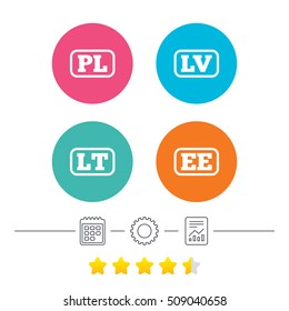 Language icons. PL, LV, LT and EE translation symbols. Poland, Latvia, Lithuania and Estonia languages. Calendar, cogwheel and report linear icons. Star vote ranking. Vector