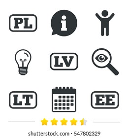 Language icons. PL, LV, LT and EE translation symbols. Poland, Latvia, Lithuania and Estonia languages. Information, light bulb and calendar icons. Investigate magnifier. Vector