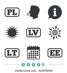 Language icons. PL, LV, LT and EE translation symbols. Poland, Latvia, Lithuania and Estonia languages. Information, go to web and calendar icons. Sun and loud speak symbol. Vector