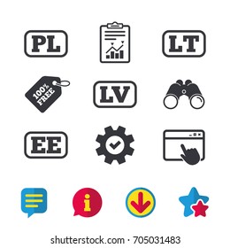 Language icons. PL, LV, LT and EE translation symbols. Poland, Latvia, Lithuania and Estonia languages. Browser window, Report and Service signs. Binoculars, Information and Download icons. Vector