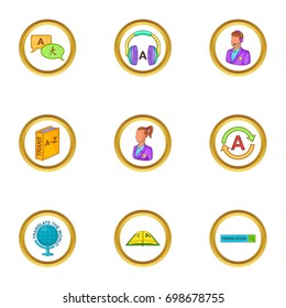 Language learn icons set. Cartoon illustration of 9 language learn vector icons for web design