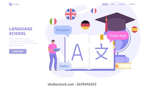 Language learning app concept with book stack and world globe. Online education platform, tutoring and foreign languages.Vector illustration collection for website, banner, print.
