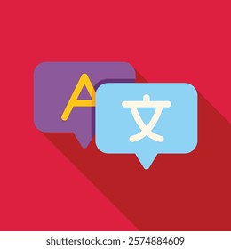 Language learning app icon showing speech bubbles with different letters symbolizing translation, in flat design style