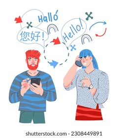 Language learning app, multilingual translator concept. People use mobile app to translate and communicate on foreign languages, flat vector illustration isolated on white background.