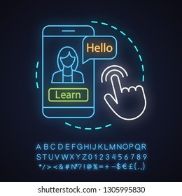 Language learning app neon light concept icon. Online courses idea. Spell check. Speaking practice with smartphone app. Glowing sign with alphabet, numbers and symbols. Vector isolated illustration