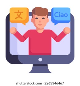 Language learning app, online interpreter flat icon 