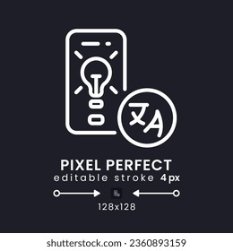 Language Learning app white linear desktop icon on black. Educational software. Grammar skills. Pixel perfect 128x128, outline 4px. Isolated user interface symbol for dark theme. Editable stroke
