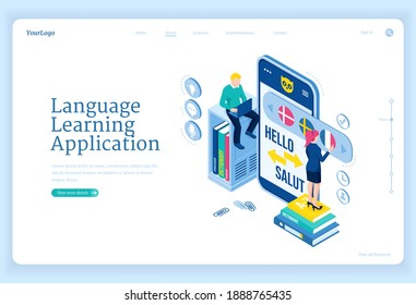 Language learning application banner. Digital online education service, mobile app for training foreign languages. Vector landing page with isometric people studying with smartphone and laptop