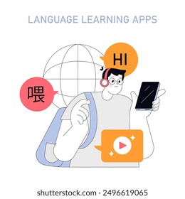 Language Learning Apps concept. A person utilizes a mobile app for multilingual education. Speech bubbles represent interactive lessons. Vector illustration.