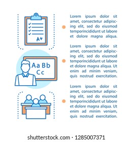 Language learning article page vector template. Speaking club. Language courses, school. Tutor, teacher, native speaker. Brochure, magazine, booklet design element with text boxes, space. Print design