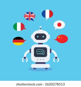Language learning with artificial intelligence. Artificial Intelligence chatbot translator. Vector illustration