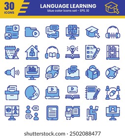 Language learning blue-color outline icon set .This collection use in apps,websites,presentations, and printed materials.
