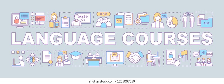 Language learning for business word concepts banner. Foreign language classes, school, lessons. Online courses. Isolated lettering typography idea with linear icons. Vector outline illustration