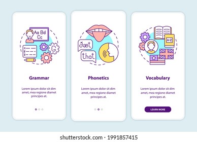 Language learning categories onboarding mobile app page screen with concepts. Grammar, phonetics, vocabulary walkthrough 3 steps graphic instructions. UI vector template with RGB color illustrations