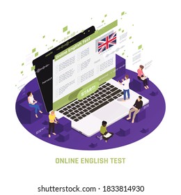 Language learning circular isometric composition with people sitting standing on laptop passing online english test vector illustration