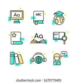 Language learning colorful icons set isolated on white background. Online education, training school, study abroad. Vector illustration