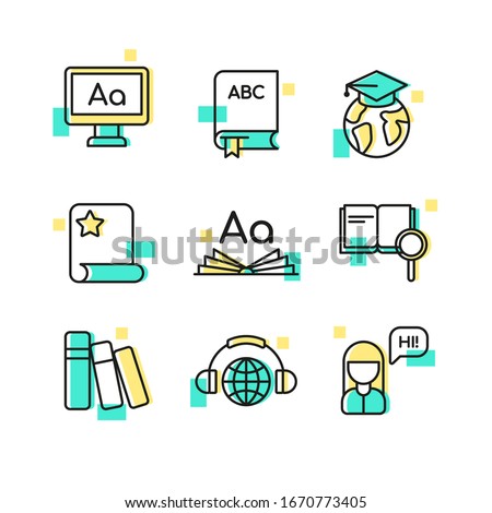 Language learning colorful icons set isolated on white background. Online education, training school, study abroad. Vector illustration