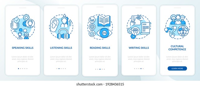 Language learning competencies onboarding mobile app page screen with concepts. Speaking, writing skills walkthrough 5 steps graphic instructions. UI vector template with RGB color illustrations