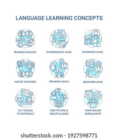 Language Learning Concept Icons Set. Language Acquisition Idea Thin Line RGB Color Illustrations. Intermediate Level. 24 To 7 Access To Materials. Vector Isolated Outline Drawings. Editable Stroke