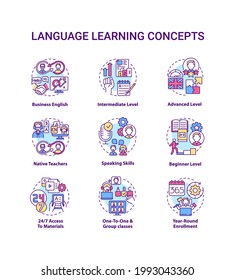 Language Learning Concept Icons Set. Language Acquisition Idea Thin Line RGB Color Illustrations. Speaking Skills. Native Teachers. Business English. Vector Isolated Outline Drawings. Editable Stroke