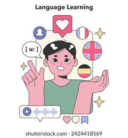 Concepto de aprendizaje de idiomas. Plataforma interactiva en línea para dominar múltiples idiomas. Herramientas audiovisuales para una comunicación efectiva. Ilustración vectorial plana